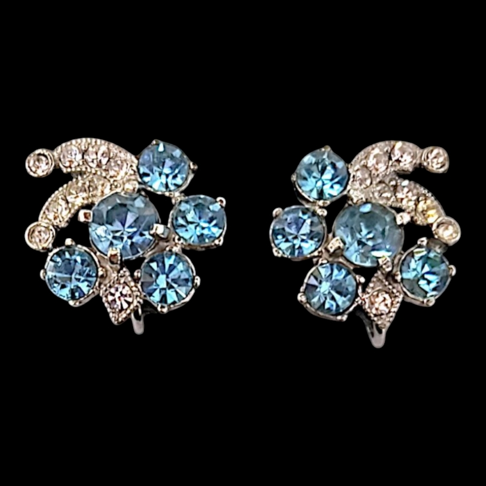 Vintage Eisenberg Aqua Blue Rhinestone Clip Earrings, Script E, Clear Pavé RS